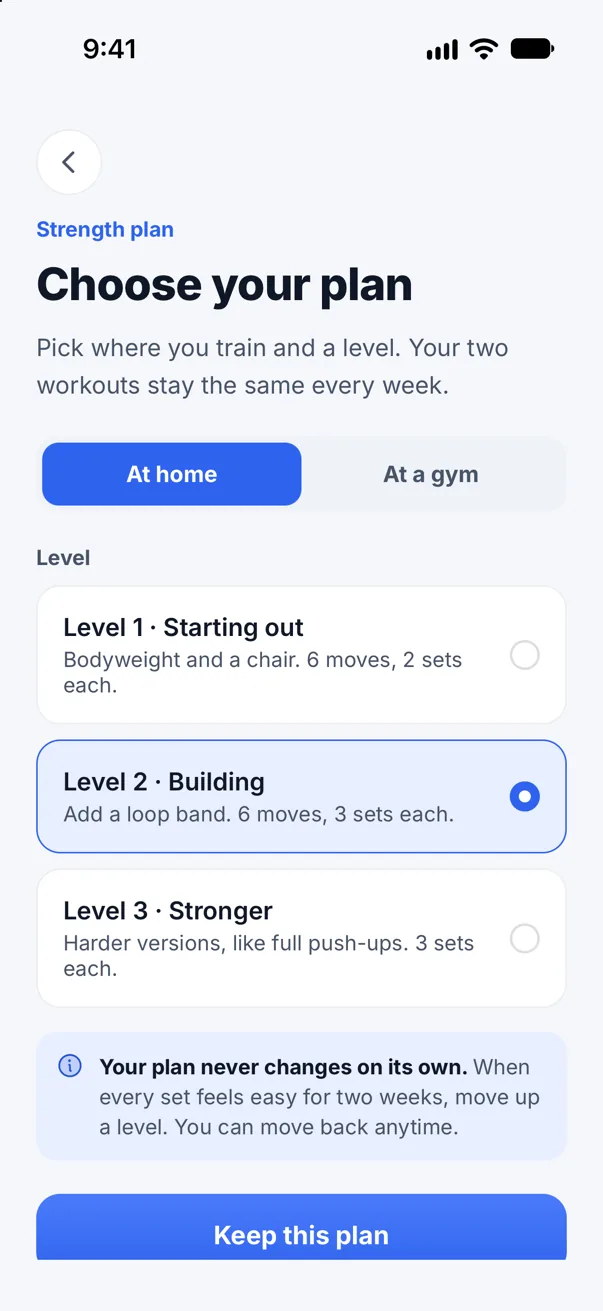 Choosing a strength plan in Keep: at home or at a gym, levels 1 to 3